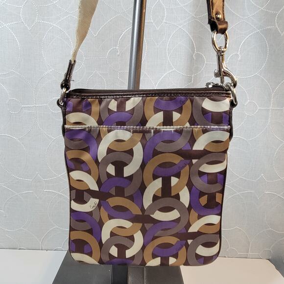Coach Signature Cs Chain Link Op Art Bag Brown Purple Crossbody Fabric Leather - Picture 4 of 12